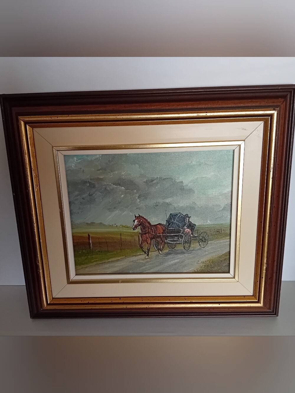 Vintage Original Horse and Carriage Painting- Brown Frame- Artist Signed